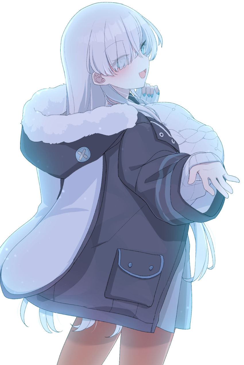 1girl akitokage anastasia_(fate) anastasia_(under_the_same_sky)_(fate) blue_eyes blush breasts fate/grand_order fate_(series) hair_over_one_eye highres huge_breasts jacket long_hair looking_at_viewer looking_back open_mouth silver_hair smile solo under_the_same_sky very_long_hair