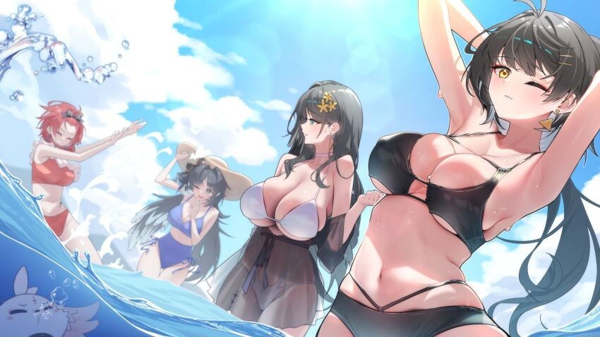 1other 4girls abby_(wuthering_waves) alternate_costume amosense armpits arms_up baizhi_(wuthering_waves) bangs_pinned_back bare_shoulders bikini black_bikini black_bow black_hair blue_bikini bow breasts brown_hat chixia_(wuthering_waves) cleavage closed_eyes colored_inner_hair commentary_request earrings female_rover_(wuthering_waves) grin hair_bow hair_ornament hairclip hat highres jewelry korean_commentary large_breasts large_hat long_hair looking_at_another looking_at_viewer low-tied_long_hair multicolored_hair multiple_girls navel one_eye_closed open_mouth parted_bangs red_bikini red_hair rover_(wuthering_waves) short_hair sidelocks smile standing stomach streaked_hair swimsuit tacet_mark_(wuthering_waves) teeth upper_teeth_only very_long_hair wading wet white_bikini white_hair wuthering_waves yangyang_(wuthering_waves) yellow_eyes