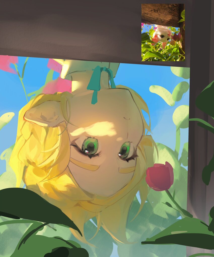 1girl blonde_hair blue_sky cat closed_mouth flower green_eyes hashtag-only_commentary highres nintendo photo_inset pink_flower pink_tulip pointy_ears princess_zelda reference_inset short_hair sky solo the_legend_of_zelda the_legend_of_zelda:_tears_of_the_kingdom tulip upside-down white_cat yumiyumo3o