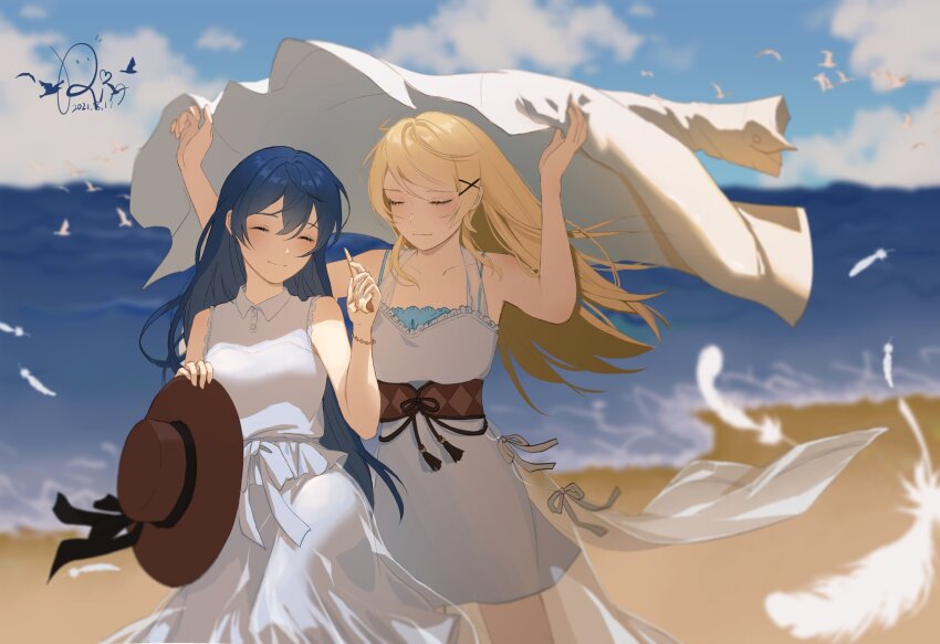 alternate_costume arms_up ayase_eli beach belt bird black_ribbon blonde_hair blue_hair blue_sky blurry blurry_background blurry_foreground blush brown_belt closed_eyes closed_mouth cloud collarbone collared_dress cowboy_shot dated day dress falling_feathers feathers floating_clothes frilled_dress frills hair_down hair_ornament hairclip hand_up hat hat_ribbon highres holding holding_hat holding_unworn_clothes horizon layered_dress long_hair love_live! love_live!_school_idol_project outdoors ribbon see-through_skirt_layer shade shirt short_dress signature sky sleeveless sleeveless_dress smile sonoda_umi sun_hat very_long_hair white_dress white_feathers white_shirt x_hair_ornament yudong_rin