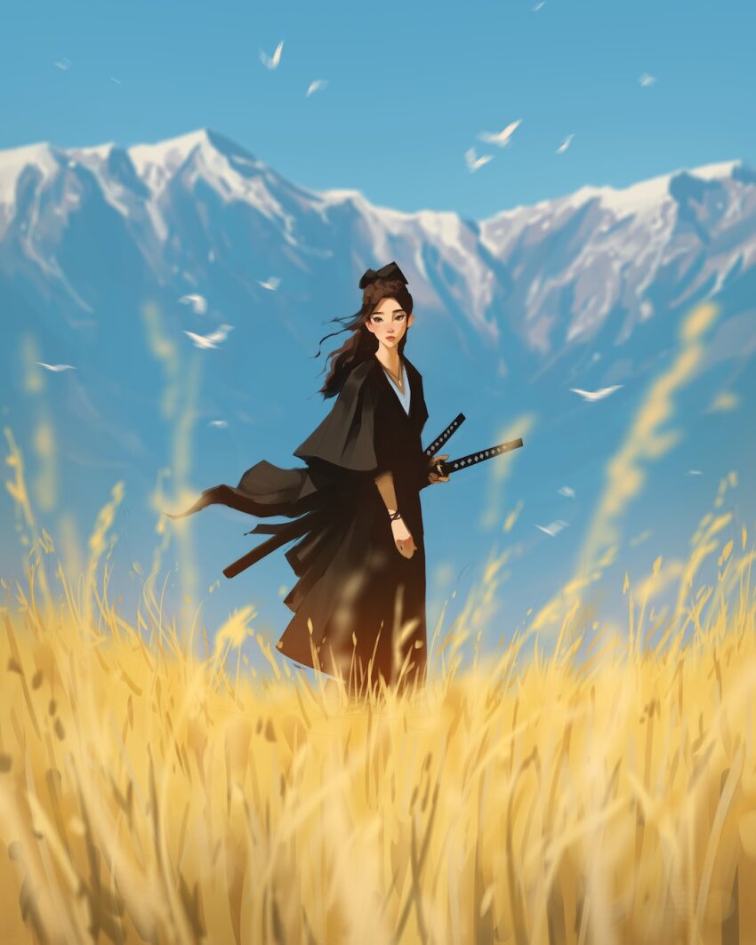 1girl bird black_eyes black_hair black_kimono blue_sky blurry blurry_foreground clear_sky day highres japanese_clothes jewelry katana kimono long_hair looking_at_viewer mountain necklace original sam_yang samurai sheath sheathed short_sleeves sky solo sword weapon wheat_field wide_sleeves wind