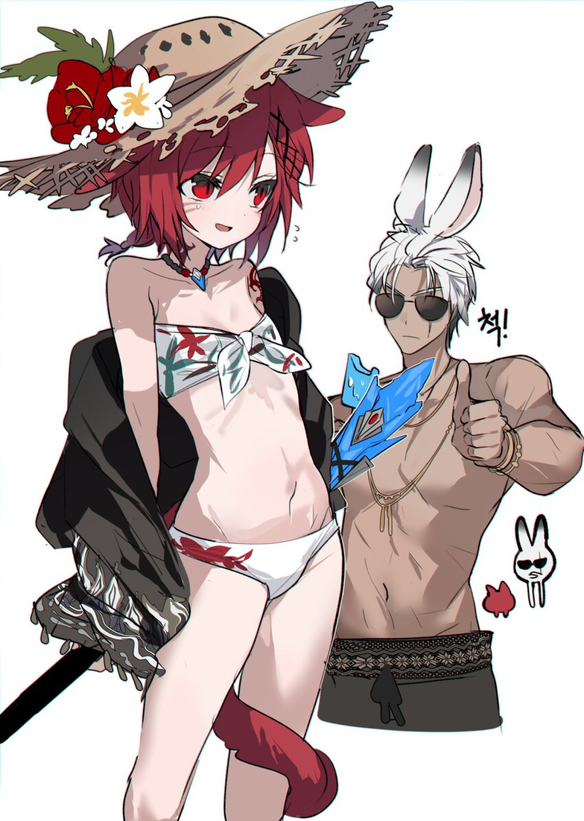 1boy 1girl alternate_costume animal_ears archon_mark arm_tattoo bare_shoulders bikini bracelet cat_ears cat_girl cat_tail churubyjain collarbone cropped_legs facial_mark final_fantasy final_fantasy_xiv flower flying_sweatdrops front-tie_bikini_top front-tie_top g&#039;raha_tia genderswap genderswap_(mtf) hair_ornament hat hat_flower hibiscus highres holding holding_staff jewelry navel neck_tattoo open_mouth rabbit_ears red_eyes red_hair simple_background skinny staff standing sun_hat sunglasses swimsuit tail tail_around_own_leg tattoo thumbs_up topless_male viera warrior_of_light_(ff14) white_background white_bikini white_hair x_hair_ornament