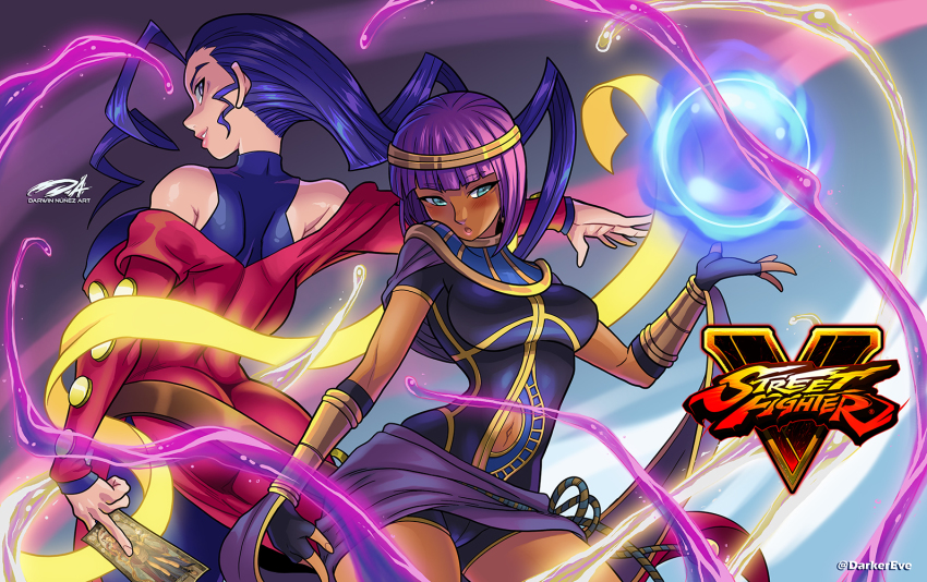 2girls antenna_hair ass aura back belt blush bracer capcom card circlet clothing_cutout crystal_ball dark-skinned_female dark_skin darkereve green_eyes logo looking_at_viewer looking_back loose_belt menat multiple_girls navel_cutout off_shoulder parted_lips purple_eyes purple_hair rose_(street_fighter) shawl short_hair smile street_fighter street_fighter_v tarot tarot_(card)