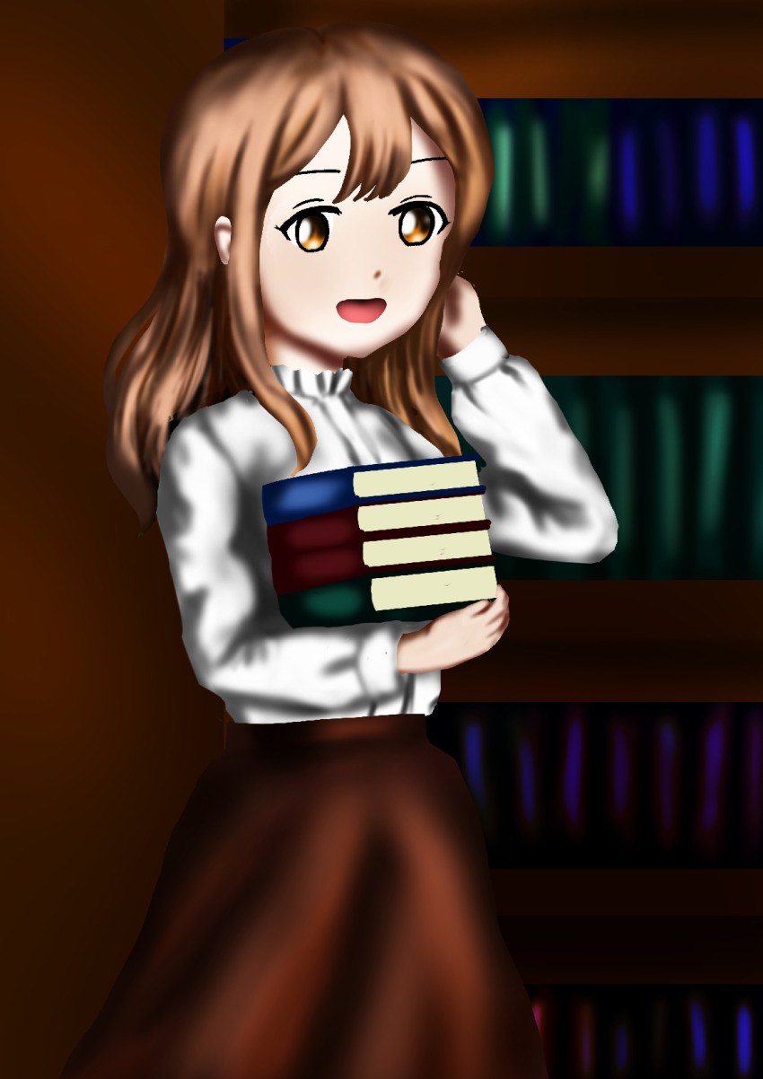 1girl artist_name artist_request blush book bookshelf breasts brown_eyes brown_hair brown_skirt female_focus hair_between_eyes hair_over_shoulder highres holding holding_book indoors kunikida_hanamaru light_brown_hair long_hair long_sleeves looking_at_viewer love_live! love_live!_sunshine!! matching_hair/eyes parted_lips playing_with_own_hair shirt sirjonesiii skirt smile solo white_shirt yellow_eyes