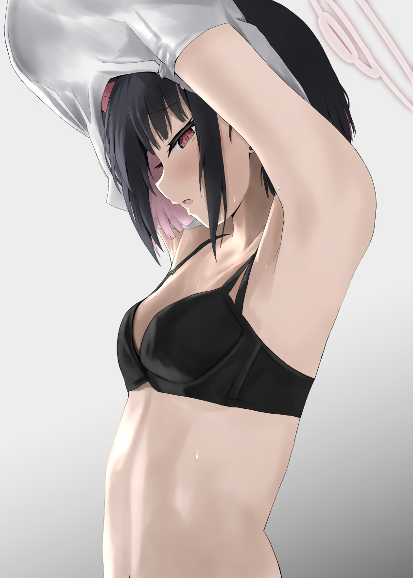 1girl absurdres black_bra black_hair blue_archive bra breasts commentary_request disuto gradient_background grey_background halo highres kazusa_(blue_archive) multicolored_hair open_mouth red_eyes short_hair small_breasts solo two-tone_hair underwear undressing upper_body white_halo