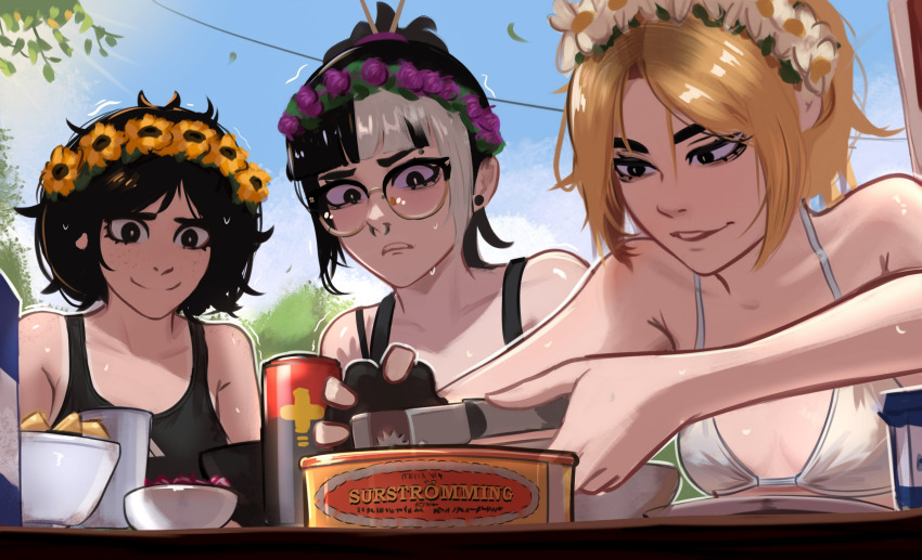 3girls absurdres bikini black_eyes black_hair black_sports_bra blonde_hair blue_sky can can_opener day drink_can flat_chest flower flower_wreath freckles glasses hair_ornament hair_stick head_wreath highres jessie_(veyonis) messy_hair midsummer mika_(veyonis) multiple_girls nervous nervous_smile nervous_sweating opening_can original outdoors parted_lips ponytail purple_flower sky smile sports_bra strap_slip surstromming sweat sweden swedish_text swimsuit trembling veyonis white_bikini white_flower yellow_flower yuna_(veyonis)