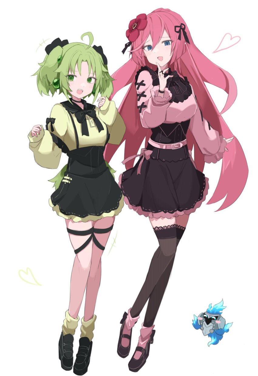 2girls alternate_costume belt blue_eyes casual comic duel_monster flower full_body green_eyes green_hair hair_flower hair_ornament hand_up highres long_sleeves loose_socks multiple_girls open_mouth rafflesia_(flower) sakuragi_raia shoes skirt socks the_phantom_knights_of_shade_brigandine thigh_strap thighhighs traptrix_rafflesia traptrix_sera twintails yu-gi-oh!