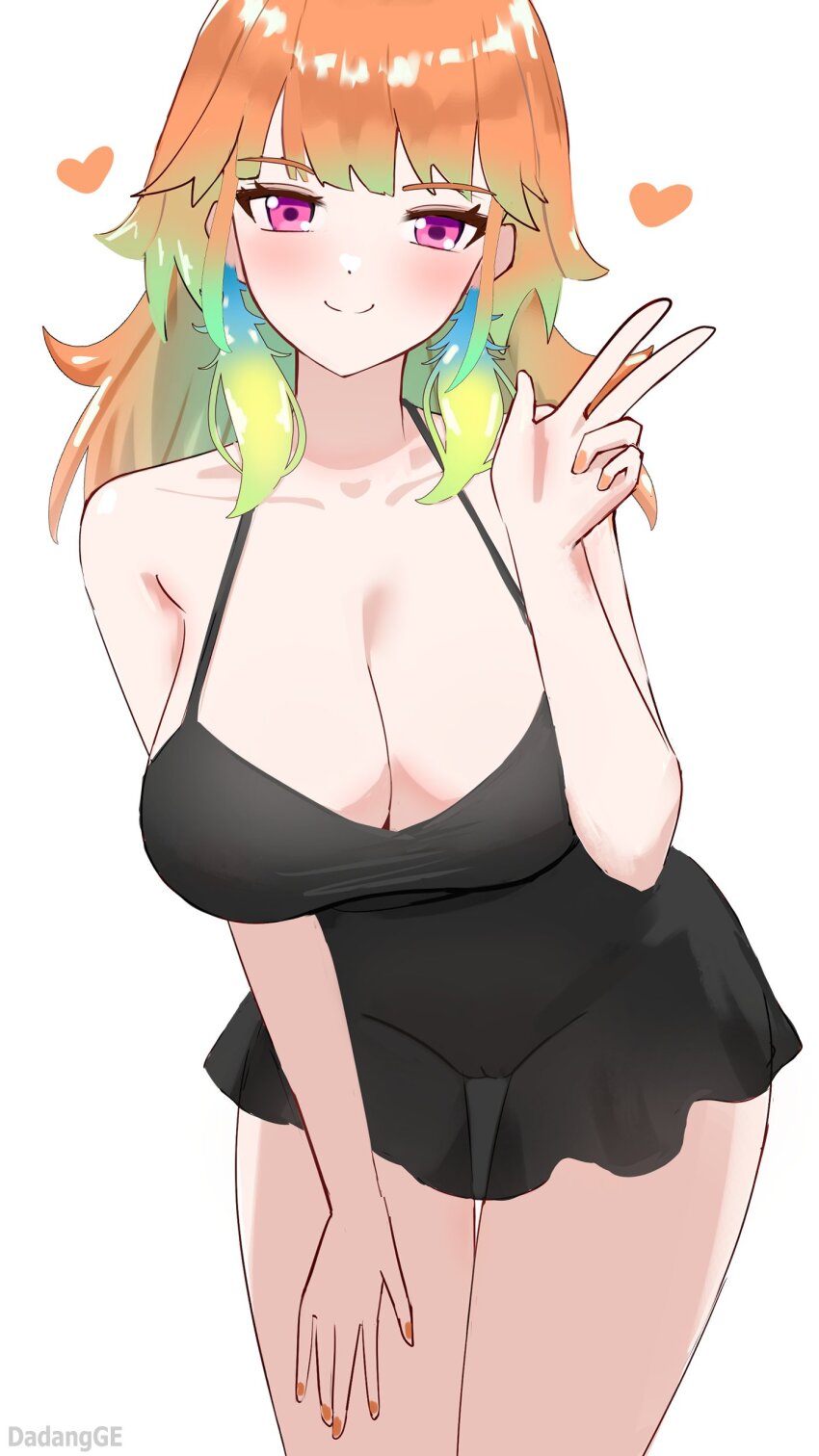 1girl absurdres black_dress breasts cleavage closed_mouth dadangge dress heart highres hololive hololive_english large_breasts leaning_forward orange_hair orange_nails pussy see-through_clothes see-through_dress short_dress smile solo takanashi_kiara virtual_youtuber w