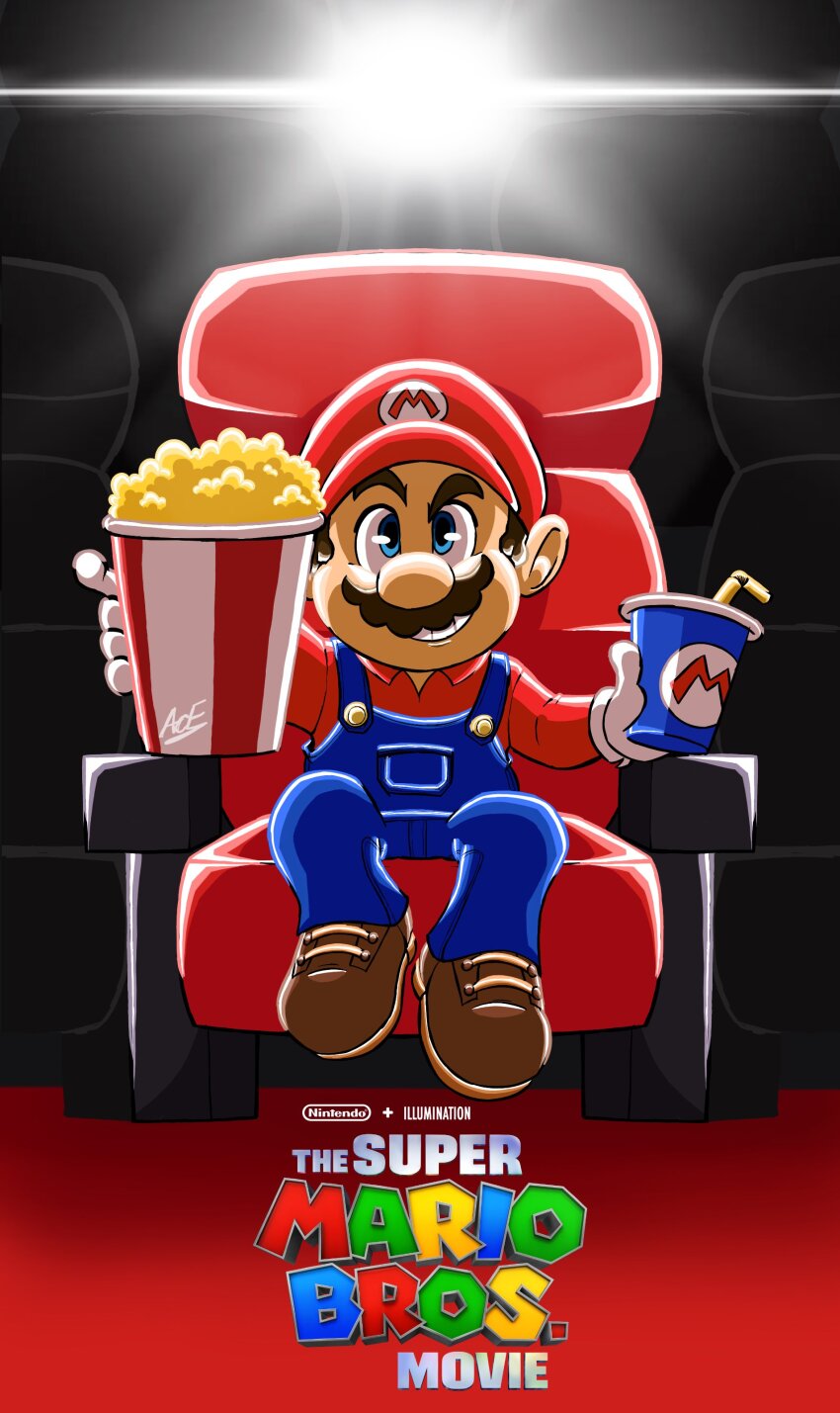 1boy absurdres blue_eyes brown_hair chair drink facial_hair food full_body gloves grin hat highres holding indoors light looking_at_viewer mario mario_(series) movie_theater mustache nintendo overalls popcorn sitting smile straw the_super_mario_bros._movie title