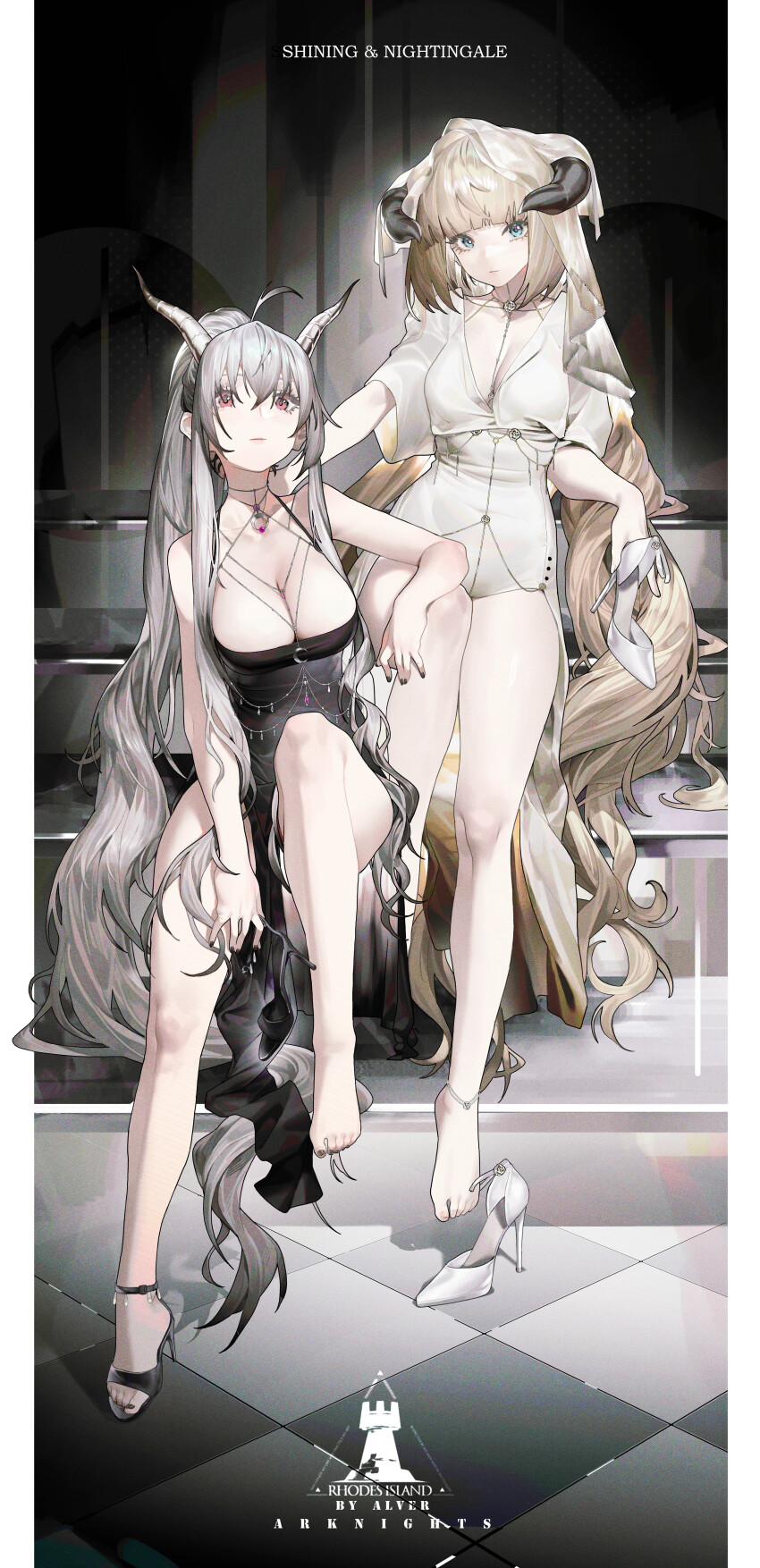 2girls absurdres alver arknights bare_legs barefoot black_dress black_nails blonde_hair blue_eyes breasts closed_mouth dress full_body grey_hair high_heels highres holding holding_shoes horns large_breasts long_hair multiple_girls nightingale_(arknights) ponytail red_eyes shining_(arknights) shoes single_shoe sitting veil very_long_hair white_dress