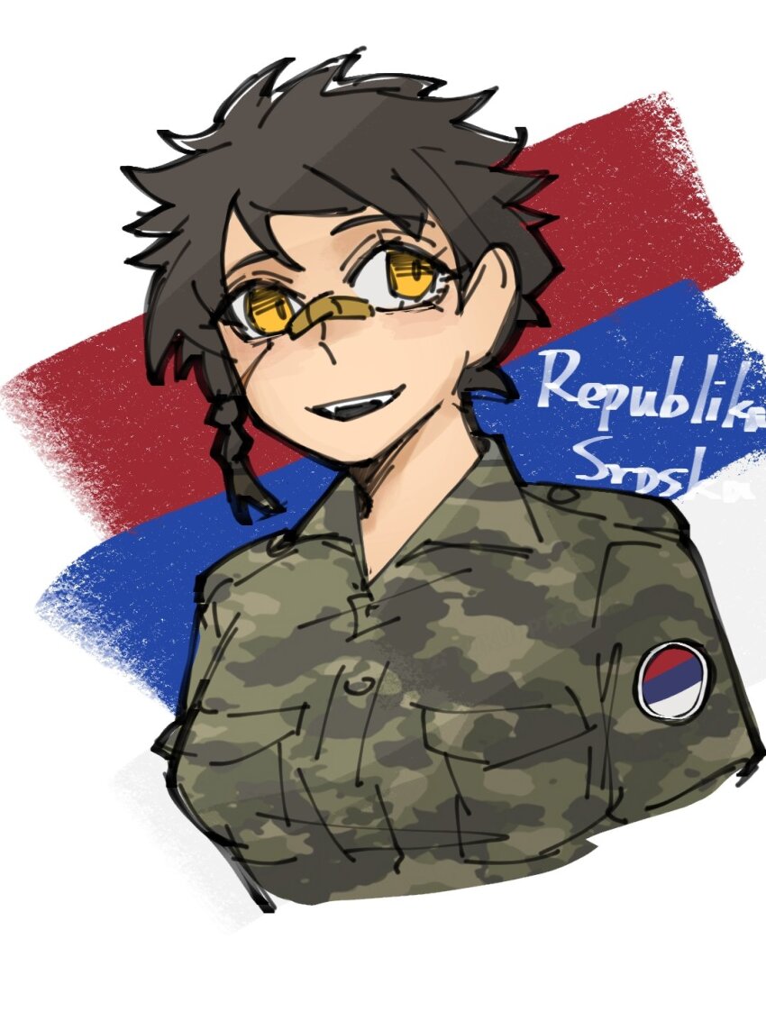 1girl bad_source bandaid bandaid_on_face bandaid_on_nose black_hair bosnian_war braid camouflage chen_feng_(slbdofcl) facial_scar fang fangs hat highres jacket military military_hat military_jacket military_uniform open_mouth original republika_srpska republika_srpska_(chen_feng) scar scar_on_cheek scar_on_face serbia serbian_flag sharp_teeth short_hair smile teeth tomboy upper_body yellow_eyes yugoslav_wars