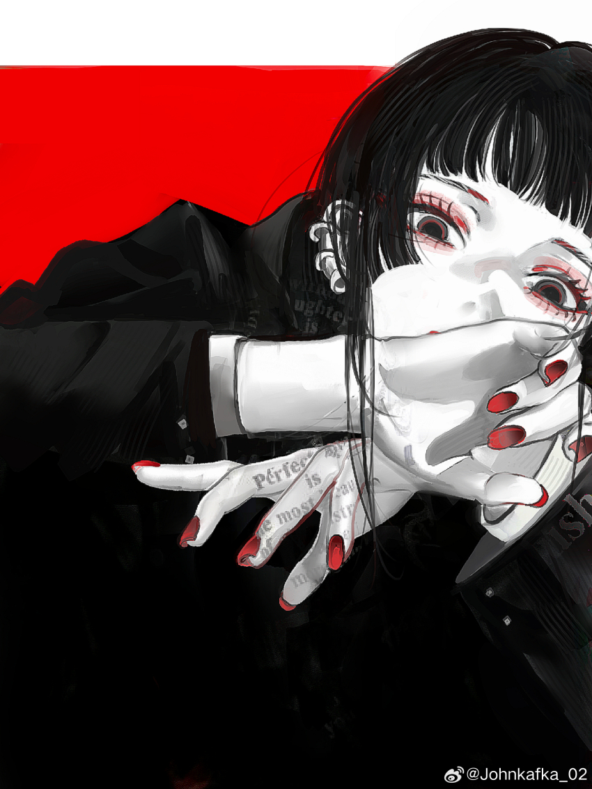 1girl absurdres black_eyes black_hair black_jacket body_writing commentary dated_commentary ear_piercing highres jacket john_kafka long_sleeves looking_at_viewer nail_polish original piercing red_background red_nails solo weibo_watermark