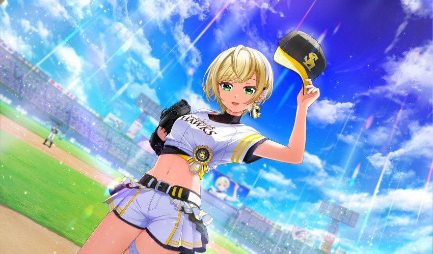 1girl baseball_cap baseball_glove baseball_stadium baseball_uniform belt belt_buckle black_belt black_undershirt blonde_hair blurry buckle cinderella_series cloud depth_of_field dutch_angle film_grain fukuoka_softbank_hawks game_cg green_eyes hachigatsu_no_cinderella_nine hair_ornament hairband hat highres holding holding_hat holding_unworn_clothes light_particles light_rays looking_at_viewer multiple_boys navel nippon_professional_baseball non-web_source official_alternate_hairstyle official_art open_mouth outdoors screen_zoom shiomi_nagisa shirt shirt_under_shirt short_hair shorts sky smile solo_focus sportswear standing sunbeam sunlight two-tone_hat white_hairband white_shirt white_shorts