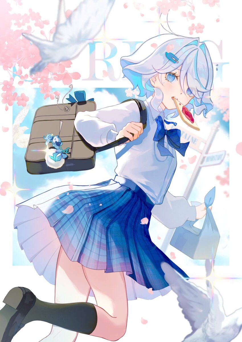 1girl ahoge alternate_costume bag bird black_footwear blue_bow blue_bowtie blue_eyes blue_hair blue_skirt blush bow bowtie breast_pocket brown_bag commentary earphones falling_petals food_in_mouth foot_up from_side furina_(genshin_impact) genshin_impact green_socks hair_between_eyes highres holding light_blue_hair long_sleeves looking_at_viewer looking_to_the_side medium_hair multicolored_hair petals pleated_skirt pocket school_uniform shirt shoulder_bag skirt small_sweatdrop socks solo streaked_hair symbol-only_commentary teeth upper_teeth_only white_hair white_shirt xnoahru