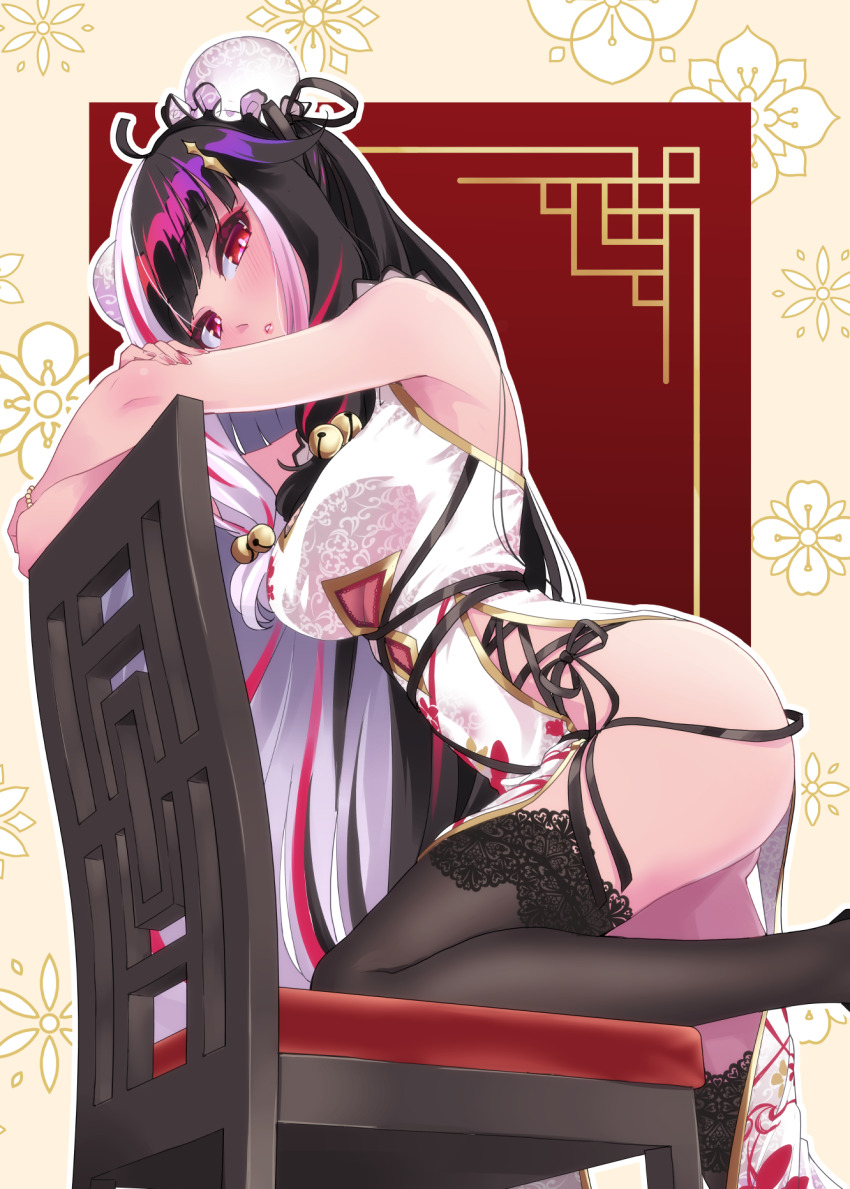 1girl animal_print armpits ass bare_arms bead_bracelet beads bell black_hair black_thighhighs blush bracelet breasts bun_cover chair china_dress chinese_clothes clothing_cutout commentary_request covered_navel double_bun dress eyeshadow fingernails from_below from_side grey_hair hair_bell hair_bun hair_ornament hakkaku_shikimi highres jewelry jingle_bell lace lace-trimmed_thighhighs lace_trim lips long_hair looking_at_viewer makeup medium_breasts multicolored_hair navel_cutout nijisanji on_chair outline parted_lips pelvic_curtain print_dress rabbit_print red_eyes red_eyeshadow red_hair solo split-color_hair streaked_hair tassel tassel_hair_ornament thighhighs thighs two-tone_hair underboob underboob_cutout very_long_hair virtual_youtuber white_dress white_outline yorumi_rena yorumi_rena_(10th_costume)