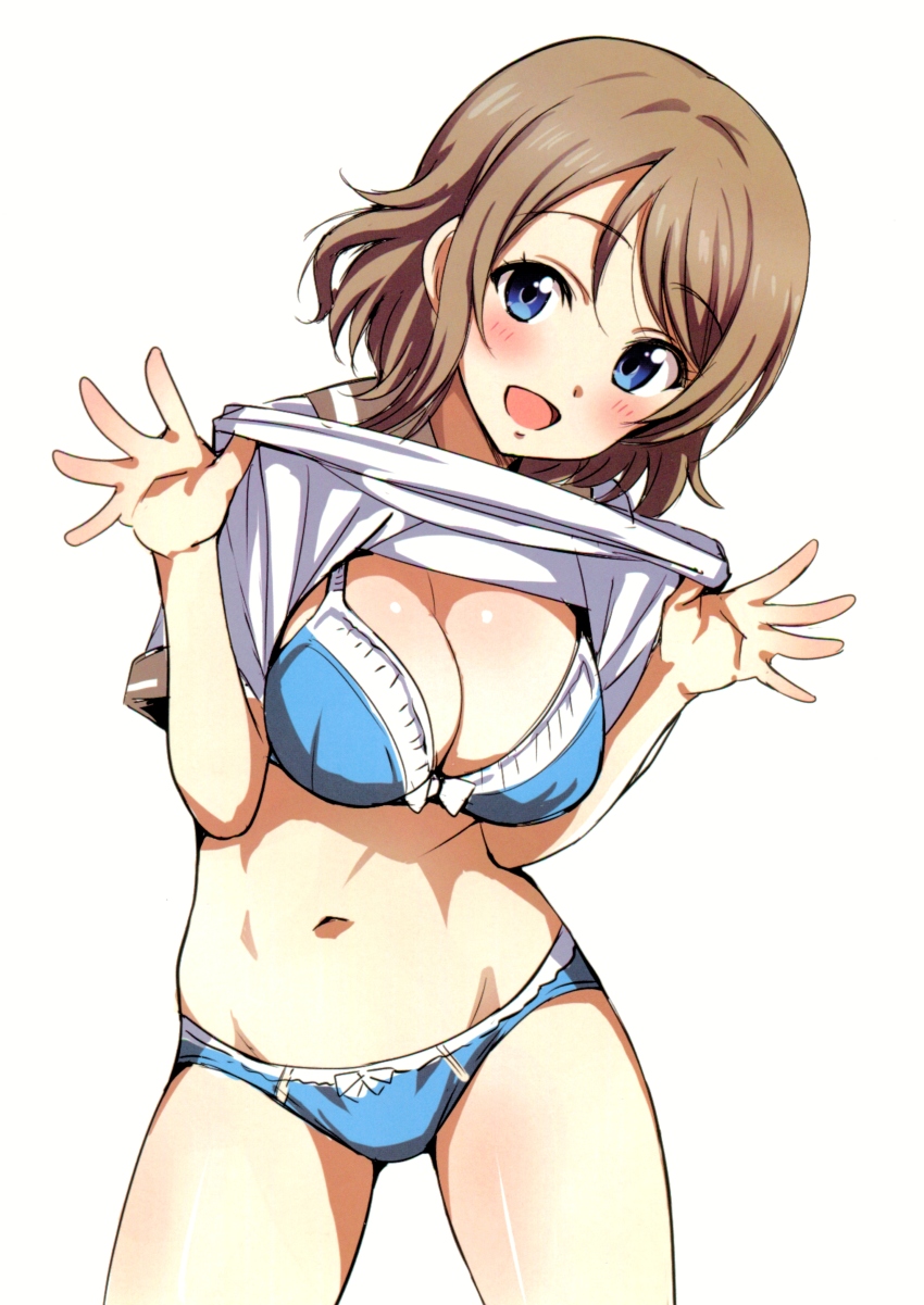 1girl :d absurdres blue_bra blue_eyes blue_panties blush bow bow_bra bow_panties bra breasts cleavage clothes_lift cowboy_shot female_focus highres lifting_own_clothes light_brown_hair looking_at_viewer love_live! love_live!_sunshine!! medium_breasts navel no_pants open_mouth outstretched_hand panties sankuro_(agoitei) scan school_uniform serafuku shirt_lift simple_background smile solo stomach underwear uranohoshi_school_uniform watanabe_you white_background