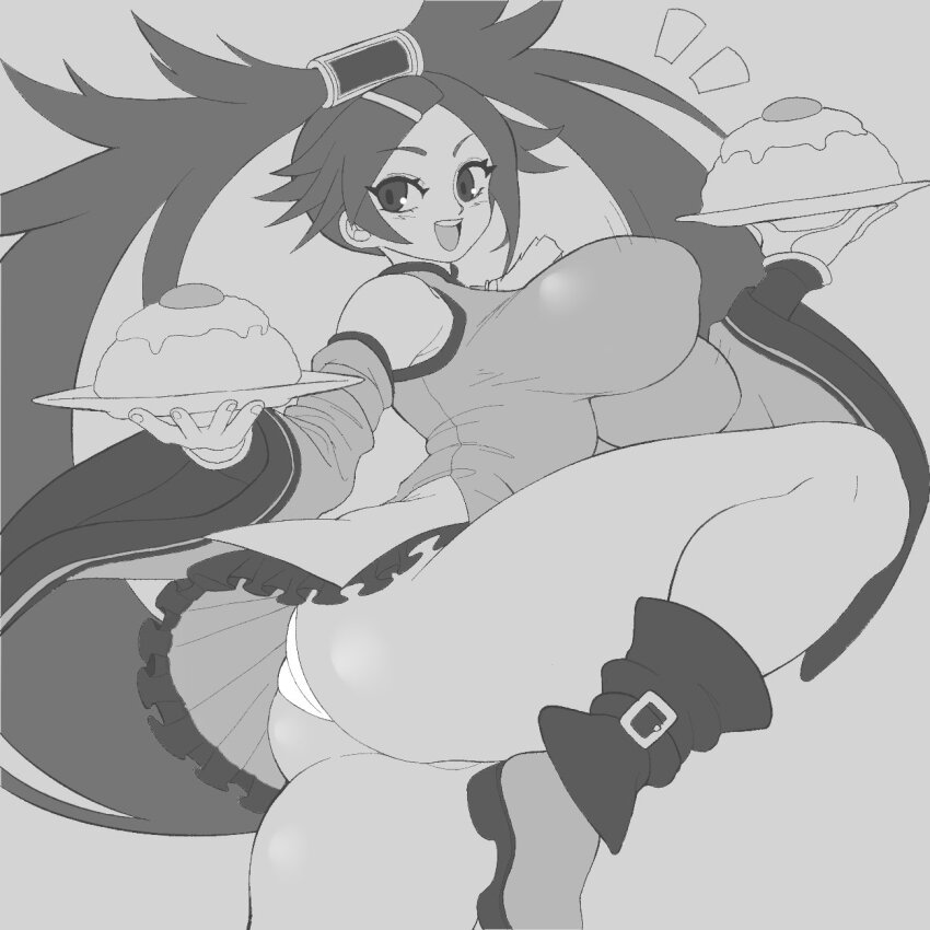 1girl ass bouncing_breasts breasts champchidi curvy detached_sleeves eyebrows_hidden_by_hair eyelashes food greyscale guilty_gear holding holding_food kuradoberi_jam large_breasts long_hair looking_at_viewer monochrome open_mouth panties plate shoes simple_background skin_tight skirt smile standing standing_on_one_leg thick_thighs thighs twintails underwear very_long_hair