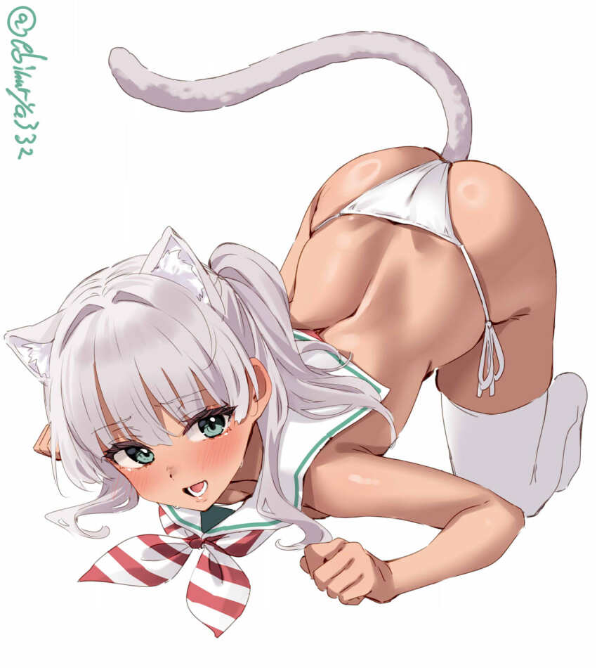 1girl animal_ear_fluff animal_ears ass bikini blush breasts cat_ears cat_girl cat_tail commentary_request ebifurya full_body grey_eyes grey_hair hair_intakes highres kantai_collection kemonomimi_mode long_hair looking_at_viewer maestrale_(kancolle) no_shoes one-hour_drawing_challenge open_mouth sailor_collar side-tie_bikini_bottom simple_background small_breasts solo sweat swimsuit tail thighhighs top-down_bottom-up twitter_username white_background white_bikini white_sailor_collar white_thighhighs