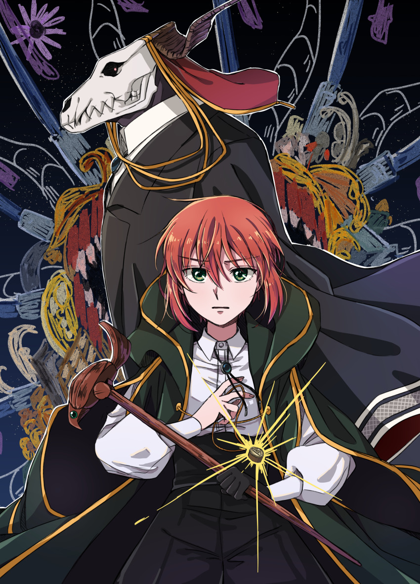 1boy 1girl abstract_background absurdres animal_head animal_skull black_coat bolo_tie cane closed_mouth coat delfuze elias_ainsworth green_coat green_eyes hatori_chise highres holding holding_cane horns long_sleeves looking_at_viewer mahou_tsukai_no_yome orange_hair sideways_glance skull_head