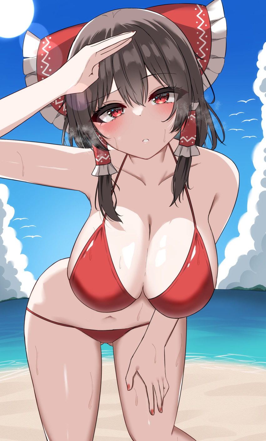 1girl arm_up armpits beach bikini blush breasts brown_hair cleavage hair_ribbon hakurei_reimu hand_on_leg hand_on_own_leg hand_on_own_thigh hanging_breasts highres large_breasts leaning_forward looking_at_viewer medium_hair ocean parted_lips ponytail red_bikini red_eyes ribbon solo sweat swimsuit touhou water