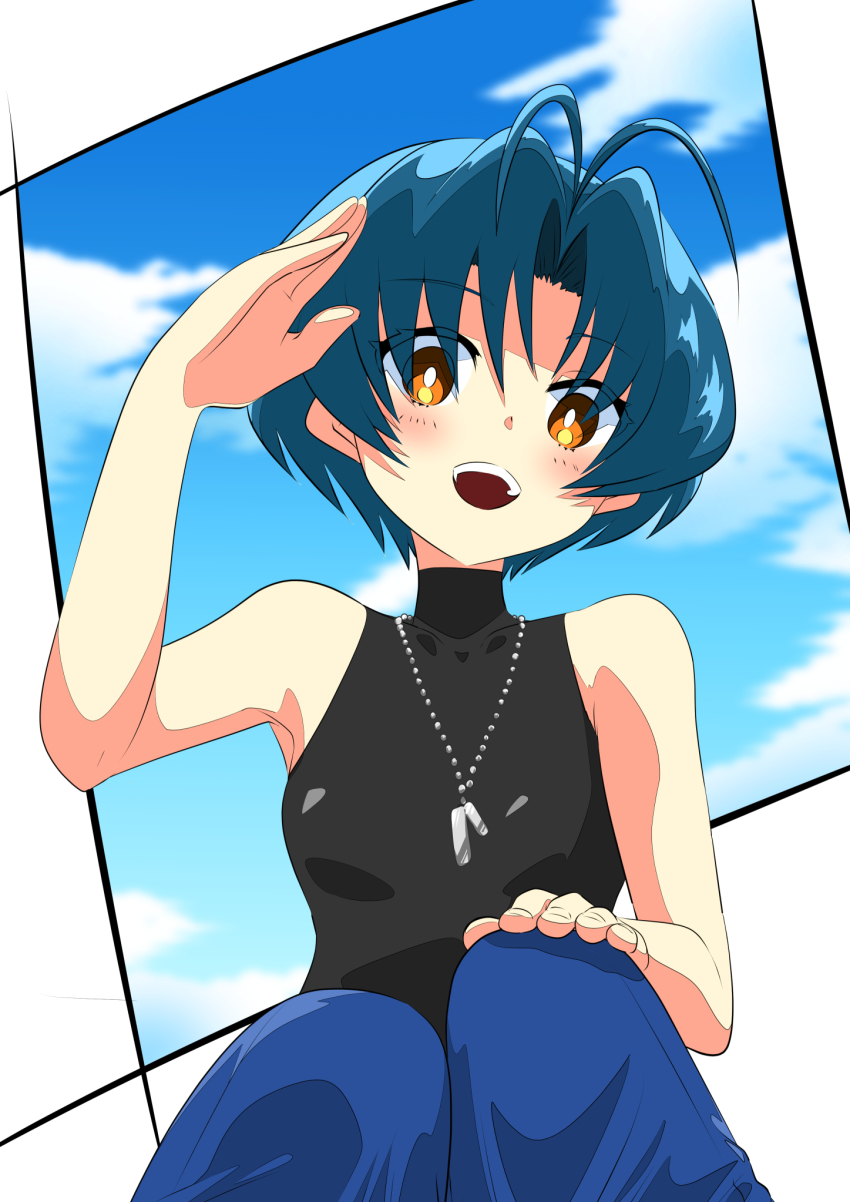 1girl antenna_hair blue_eyes blue_pants blush breasts brown_eyes cloud hand_on_own_knee head_tilt highres jewelry kamon_rider looking_at_viewer muv-luv muv-luv_alternative necklace open_mouth pants parted_bangs salute sky small_breasts smile solo yoroi_mikoto