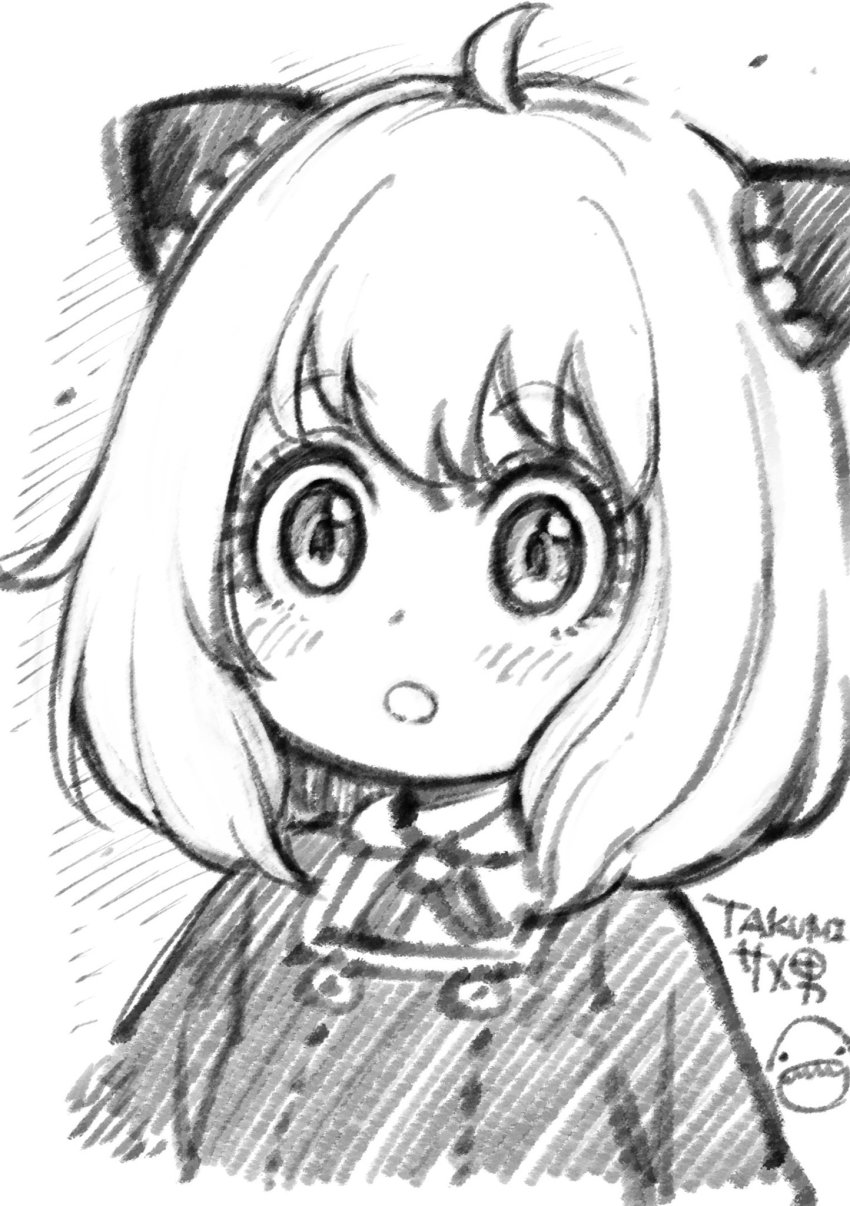 1girl ahoge anya_(spy_x_family) chibi chibi_inset child greyscale hatching_(texture) highres medium_hair monochrome open_mouth signature sketch solo spy_x_family takumi_watanuki upper_body wide-eyed