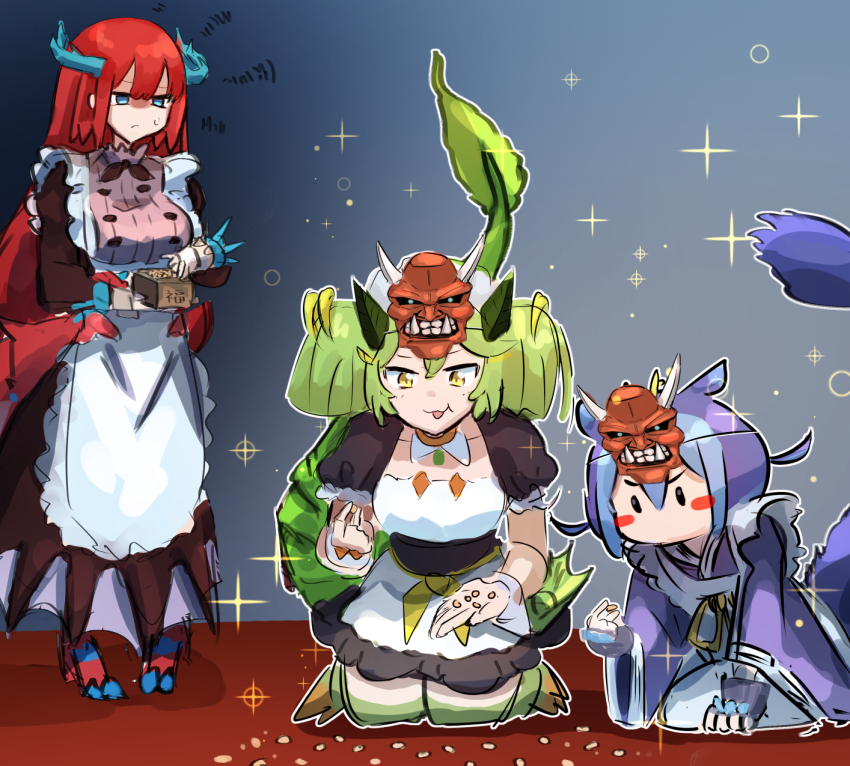 3girls annoyed apron beans blue_hair blue_kimono cosplay dragon_girl dragon_horns duel_monster eating hatano_kiyoshi highres horns japanese_clothes kimono kitchen_dragonmaid laundry_dragonmaid maid maid_apron mask multiple_girls oni_mask oni_tank_t-34 oni_tank_t-34_(cosplay) parlor_dragonmaid setsubun wa_maid yellow_eyes yu-gi-oh!