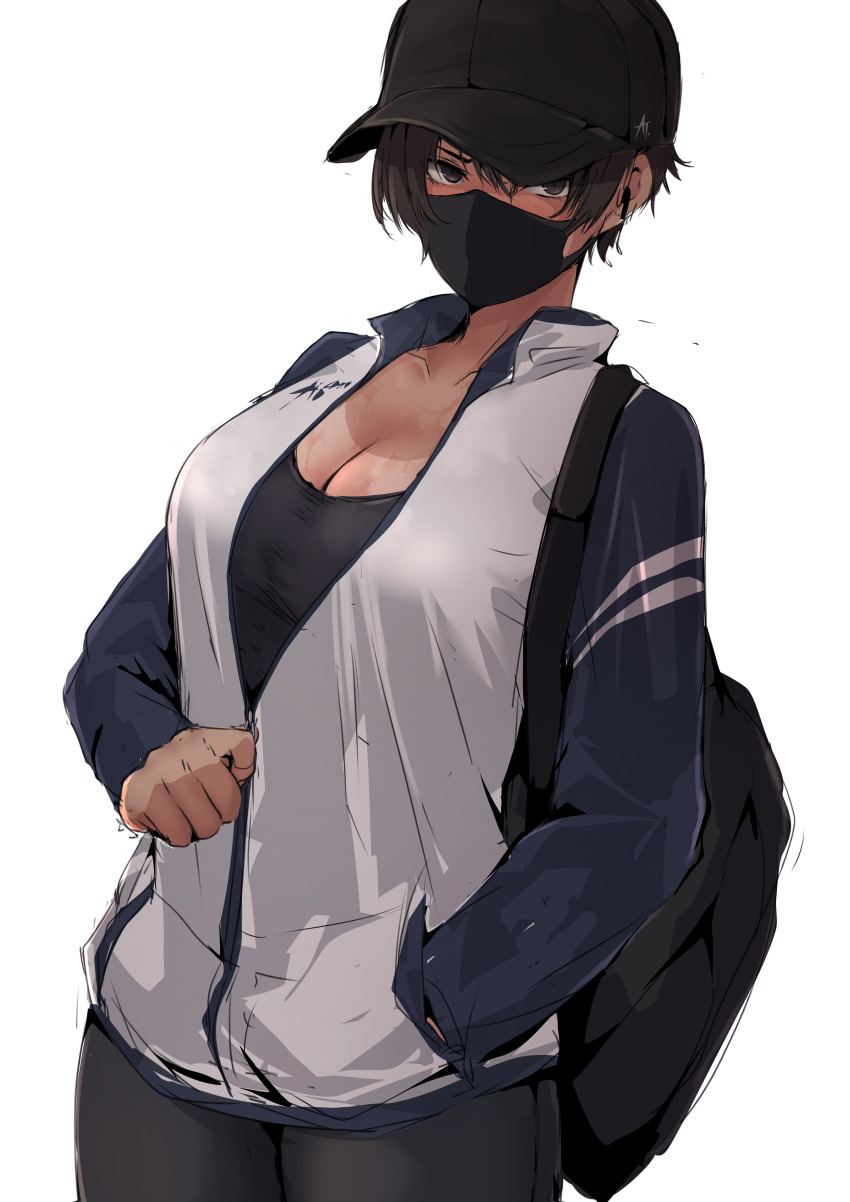 1girl absurdres airpods alpha-type backpack bag baseball_cap black_bag black_eyes black_mask black_pants black_undershirt blush breasts brown_hair cleavage hands_in_pockets hat highres jacket large_breasts looking_at_viewer mask original pants partially_unzipped revealing_tanlines short_hair sweat tan tanline tanlines tomboy undershirt white_background white_jacket wireless_earphones