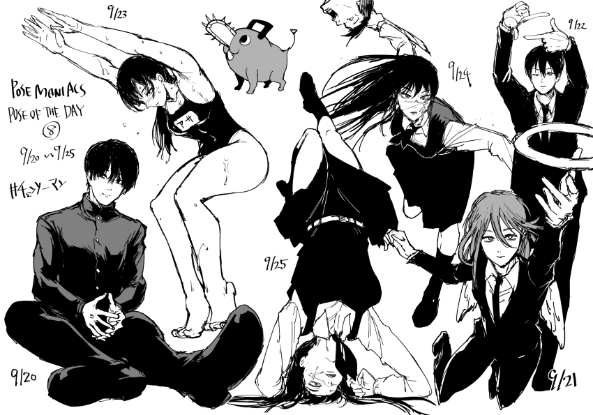 2girls 3boys androgynous angel_devil_(chainsaw_man) angel_wings breasts chainsaw_man commentary_request cross_scar dated facial_scar fan_no_hitori finger_frame formal fourth_east_high_school_uniform gakuran greyscale halo hayakawa_aki headstand highres long_hair medium_breasts mitaka_asa mole mole_under_mouth monochrome multiple_boys multiple_girls multiple_moles necktie one_eye_closed pochita_(chainsaw_man) scar scar_on_cheek scar_on_face scar_on_nose school_swimsuit school_uniform steepled_fingers suit swimsuit wet wings yoru_(chainsaw_man) yoshida_hirofumi