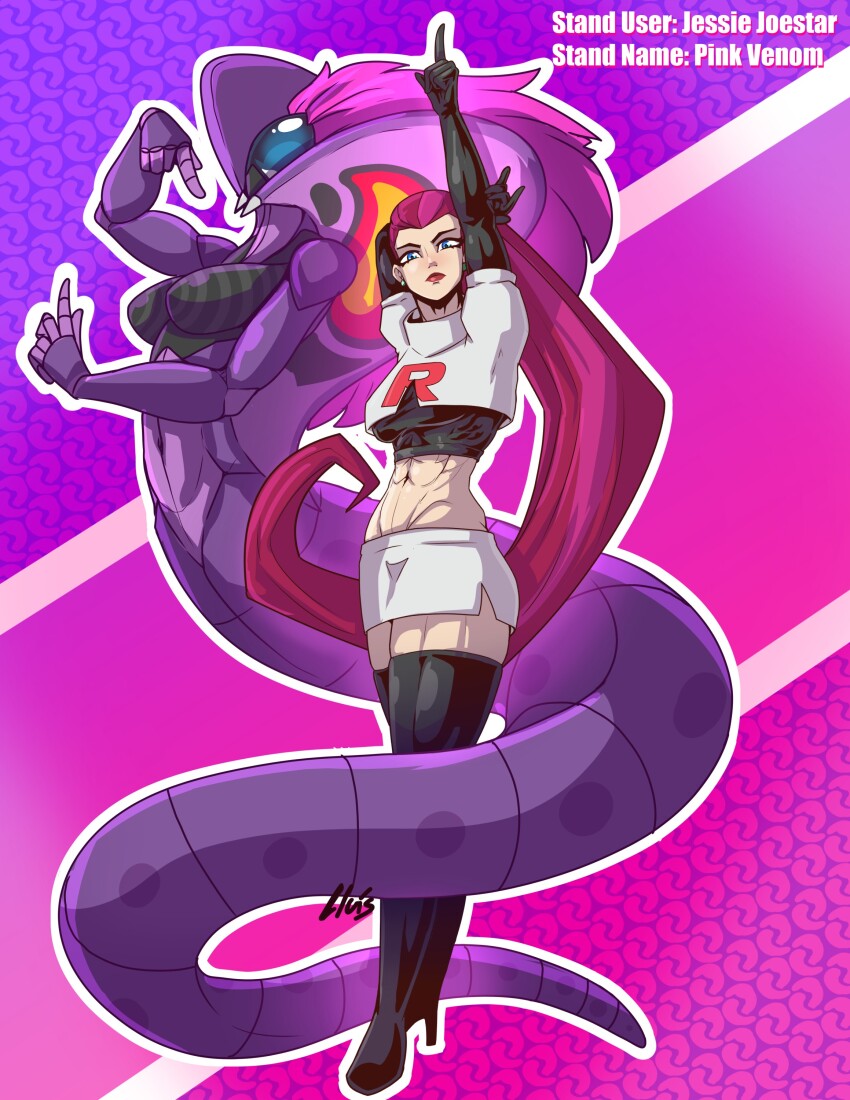 1girl absurdres arbok black_gloves blue_eyes creatures_(company) crop_top earrings game_freak gen_1_pokemon gloves hair_slicked_back highres jessie_(pokemon) jewelry jojo_no_kimyou_na_bouken lluisabadias long_hair midriff navel nintendo pokemon pokemon_(anime) pokemon_(creature) red_hair skirt snake_tail stand_(jojo) tail team_rocket team_rocket_uniform thighhighs