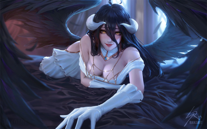 1girl ahoge albedo_(overlord) black_feathers black_wings blurry blurry_background breasts cleavage day demon_horns detached_collar downblouse dress feathered_wings feathers gloves hair_between_eyes hip_vent horns indoors large_breasts looking_at_viewer low_wings lying on_stomach overlord_(maruyama) parted_lips raikoart slit_pupils smile solo watermark white_dress white_gloves window wings yellow_eyes