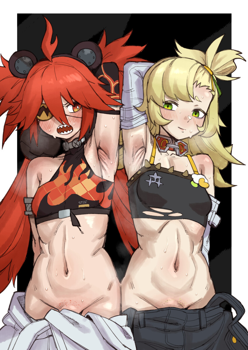 2girls absurdres ahoge arm_behind_head armpits bare_shoulders blonde_hair blush breasts chinese_commentary commentary ebonyxh elbow_gloves english_commentary eyepatch gloves green_eyes groin hair_between_eyes highres koleda_belobog long_hair mixed-language_commentary multiple_girls navel open_mouth piper_wheel pubic_stubble red_hair sharp_teeth small_breasts smile spaghetti_strap sweat teeth twintails zenless_zone_zero