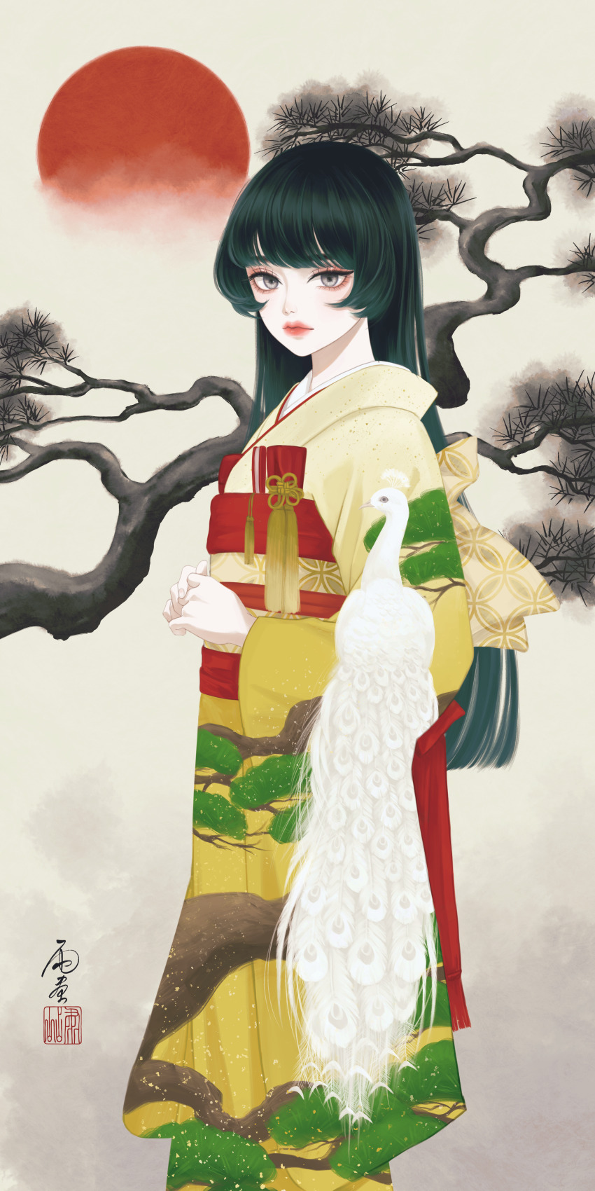 1girl absurdres bird black_hair branch bride chinese_knot closed_mouth feet_out_of_frame from_side highres ink_wash_painting japanese_clothes kimono lips long_hair long_sleeves looking_at_viewer looking_to_the_side obi original own_hands_together peacock print_kimono red_sash sash seal_impression signature solo standing sun tassel tree_print ushiyama_ame white_bird wide_sleeves yellow_kimono