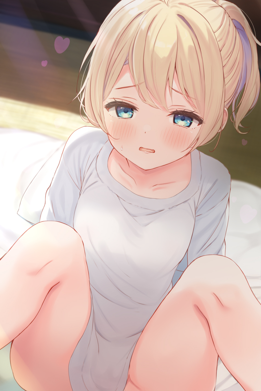 arm_support blonde_hair blue_eyes blurry blush bottomless breasts collarbone depth_of_field dot_nose dutch_angle esia_mariveninne_(komone_ushio) futon highres indoors komone_ushio looking_at_viewer open_mouth original parted_lips ponytail shirt short_hair sidelocks sitting small_breasts solo spread_legs sweat thighs white_shirt