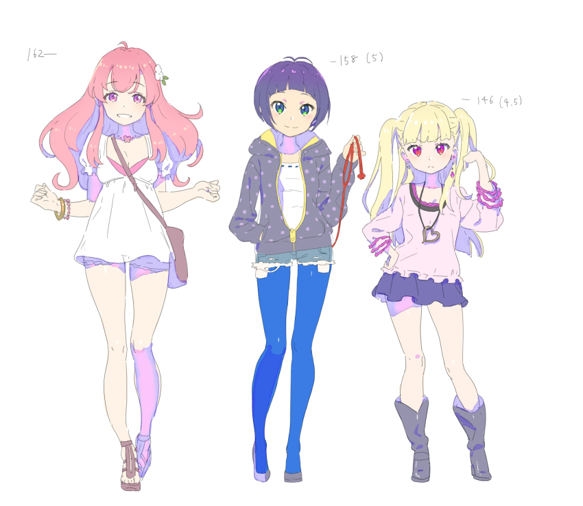 3girls adjusting_hair araki_rena bag blonde_hair blue_legwear blunt_bangs blush boots bracelet breasts casual cutoffs dress enkyo_yuuichirou flower green_eyes hair_flower hair_ornament hand_in_pocket hand_on_own_hip handbag highres jacket jewelry long_hair looking_at_viewer medium_breasts multiple_girls necklace nishizono_honoka pantyhose pantyhose_under_shorts pink_eyes pink_hair purple_hair red_eyes short_hair shorts simple_background skirt small_breasts smile tokyo_7th_sisters twintails two_side_up uesugi_u._kyouko