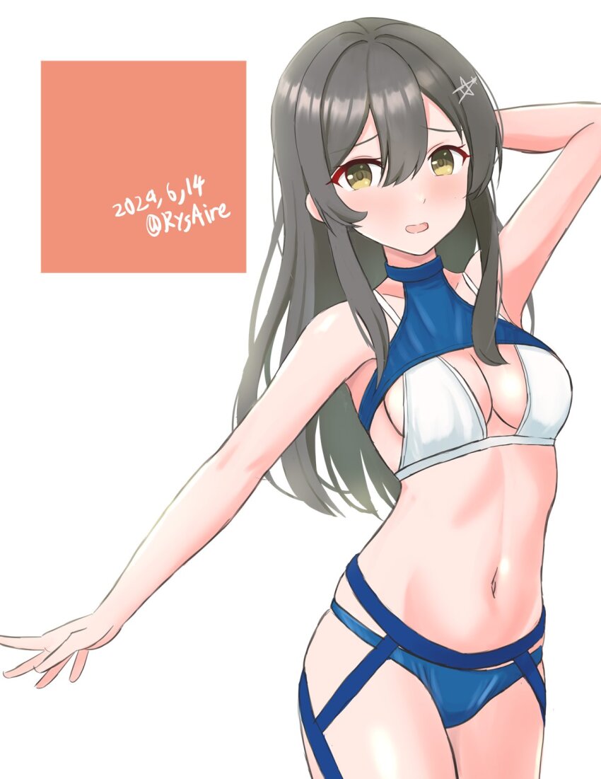 1girl ame-san bikini black_hair blue_bikini blush breasts cowboy_shot dated hair_ornament hairclip highres kantai_collection long_hair looking_at_viewer open_mouth oyashio_(kancolle) small_breasts smile solo swimsuit twitter_username white_background