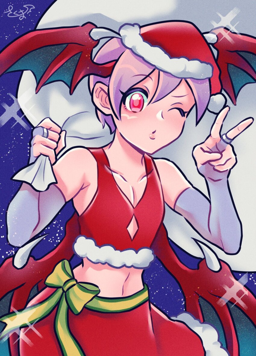 1girl blowing_kiss breasts christmas darkstalkers fingerless_gloves gloves highres lilith_(darkstalkers) looking_at_viewer midriff navel pink_eyes pink_lips puckered_lips purple_hair santa_costume short_hair skirt small_breasts solo tank_top v