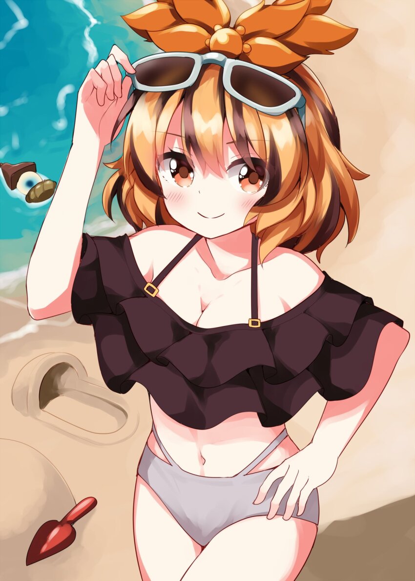 1girl bare_shoulders beach bishamonten&#039;s_pagoda blonde_hair breasts brown_hair cleavage crop_top eyewear_on_head hair_ornament halterneck hand_on_own_hip highres looking_at_viewer multicolored_hair off_shoulder ruu_(tksymkw) short_hair smile solo sunglasses toramaru_shou touhou two-tone_hair