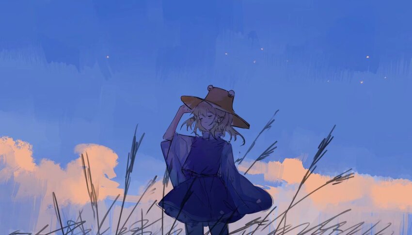 1girl axleaki blonde_hair blue_dress closed_eyes dress dusk hat highres holding holding_unworn_clothes holding_hat holding_unworn_clothes long_sleeves moriya_suwako short_hair sky solo star_(sky) touhou wheat