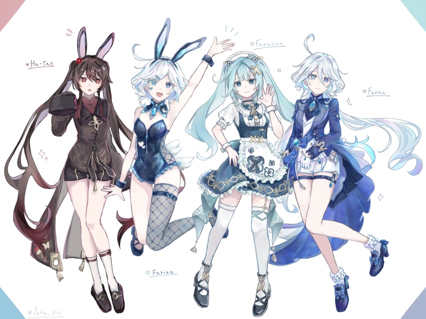 3girls :d absurdres ahoge alternate_costume animal_ears apron aqua_hair arm_up armpits artist_name ascot asymmetrical_gloves black_footwear black_gloves black_shorts blue_ascot blue_dress blue_eyes blue_footwear blue_hair blue_jacket blue_leotard breasts brown_coat brown_hair bunny_day cleavage coat dated dress drop-shaped_pupils facial_mark fake_animal_ears fake_wings faruzan_(genshin_cafe_in_seoul)_(genshin_impact) faruzan_(genshin_impact) fishnet_cutout fishnet_thighhighs fishnets flower-shaped_pupils frilled_apron frills full_body furina_(genshin_impact) genshin_impact gloves green_eyes hair_between_eyes hand_up heart heart_facial_mark heterochromia highleg highleg_leotard highres hu_tao_(genshin_impact) jacket leotard light_blue_hair long_hair long_sleeves looking_at_viewer luta_(luta_1013) maid_apron maid_headdress mismatched_gloves multicolored_hair multiple_girls official_alternate_costume open_mouth ouji_fashion playboy_bunny puffy_short_sleeves puffy_sleeves rabbit_ears red_eyes red_hair short_hair short_sleeves shorts simple_background single_bare_leg single_thighhigh small_breasts smile solo symbol-shaped_pupils thigh_strap thighhighs triangle-shaped_pupils triangle_mouth twintails very_long_hair white_apron white_background white_gloves white_hair white_shorts white_sleeve_cuffs white_thighhighs wings wrist_cuffs zettai_ryouiki