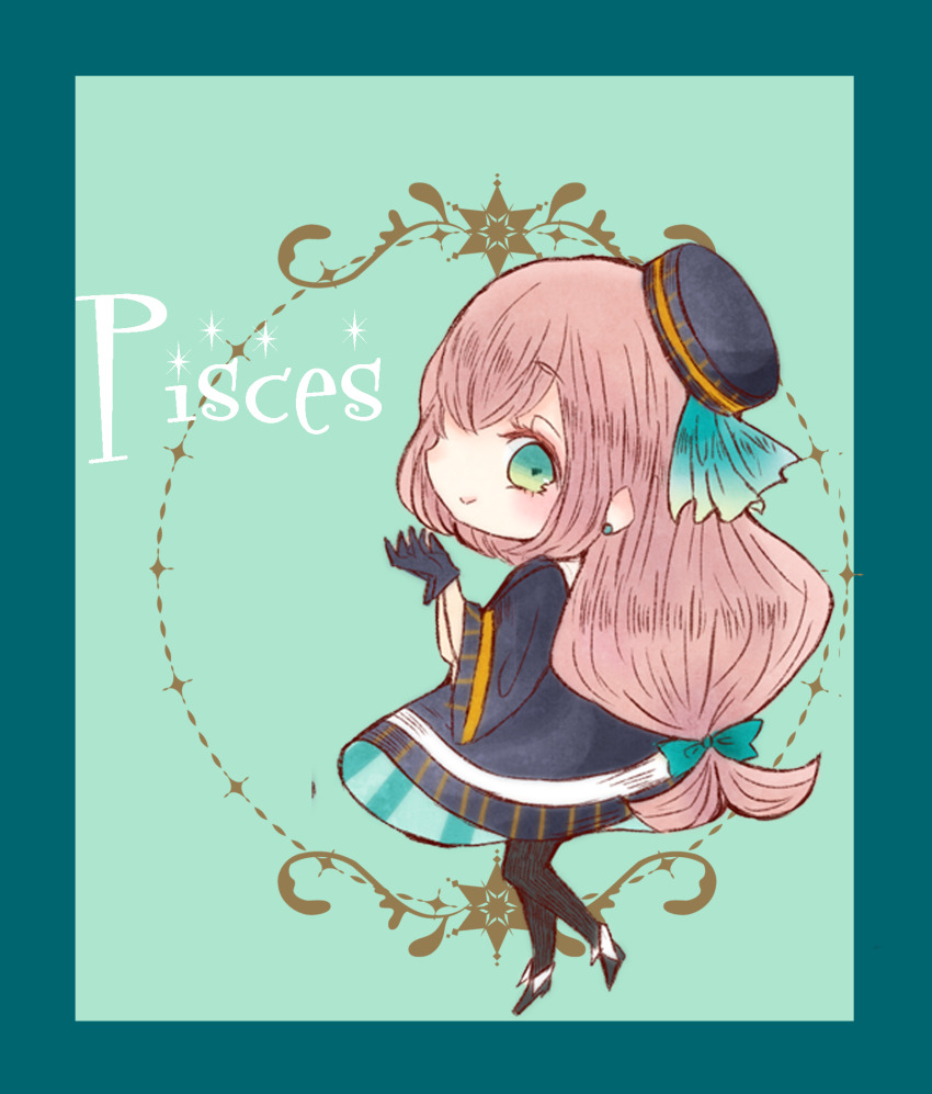 1girl black_pantyhose blue_border blue_dress blue_eyes blue_gloves blue_hat border cerika chibi closed_mouth dress earrings english_text full_body gloves hat highres jewelry long_hair original pantyhose pink_hair pisces_(zodiac) solo sparkle very_long_hair wide_sleeves zodiac