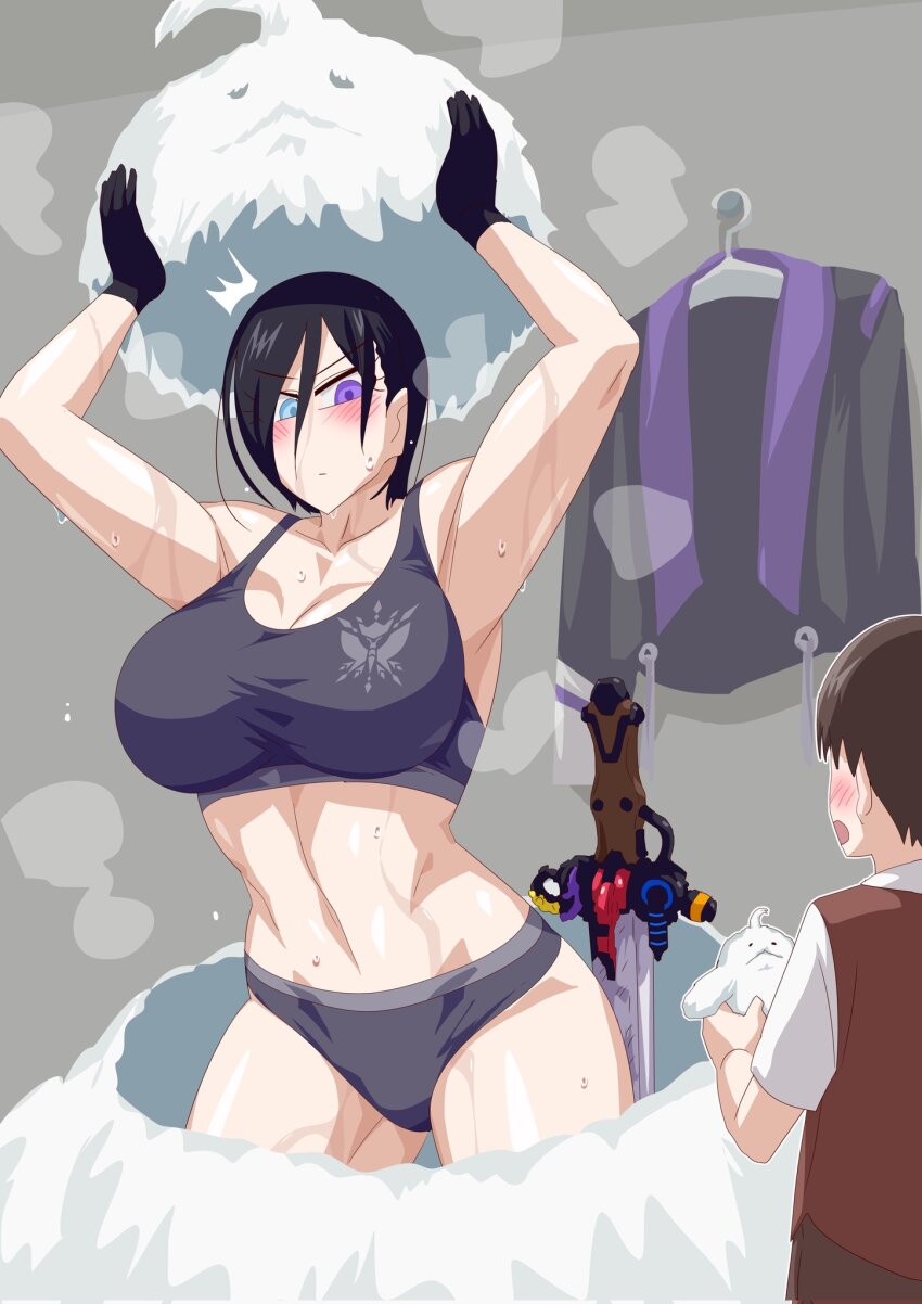 1boy 1girl athletic athletic_female bad_tag blue_eyes female_abs kanisuka_rita mascot mascot_costume multicolored_eyes ohsama_sentai_king-ohger otokamu sports_bra steam steaming_body super_sentai sweat sweatdrop undressing