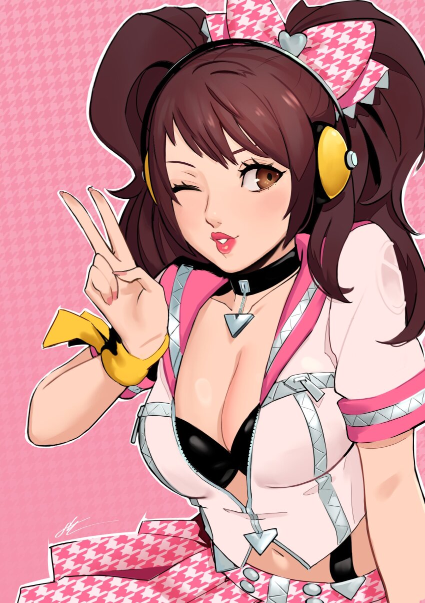 1girl absurdres black_bra bra breasts brown_eyes brown_hair cleavage cropped_jacket eightyfourart hair_ribbon headphones highres kujikawa_rise lips medium_breasts navel one_eye_closed persona persona_4 persona_4:_dancing_all_night persona_dancing pink_skirt pleated_skirt ribbon skirt solo twintails underwear v