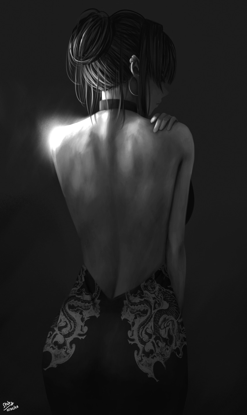 1girl absurdres backless_dress backless_outfit dragon_print dress earrings from_behind greyscale hair_bun highres hololive hololive_english hoop_earrings jewelry monochrome ouro_kronii solo steb virtual_youtuber