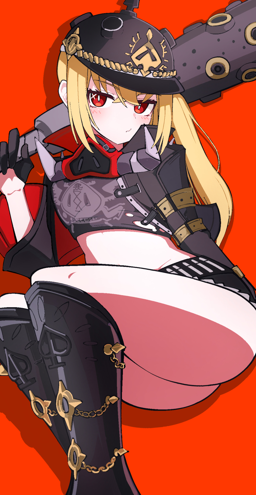 1girl black_boots black_gloves black_helmet black_jacket black_shorts blonde_hair boots crop_top gloves hair_between_eyes half_gloves helmet highres jacket light_blush long_hair looking_at_viewer luciana_de_montefio red_background red_eyes short_shorts shorts side_ponytail sidelocks simple_background solo thighs yuntaro_(ramen_star) zenless_zone_zero