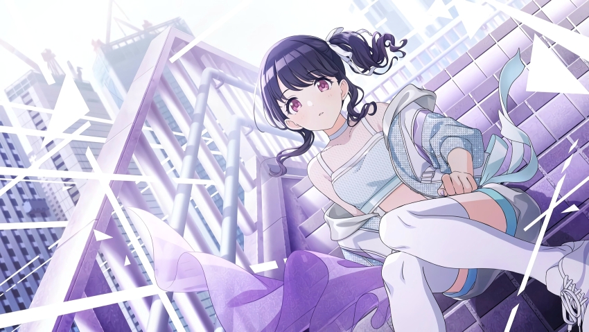 1girl black_hair fukumaru_koito game_cg highres idolmaster idolmaster_shiny_colors official_art red_eyes side_ponytail solo stairs thighhighs tomari_(veryberry00)