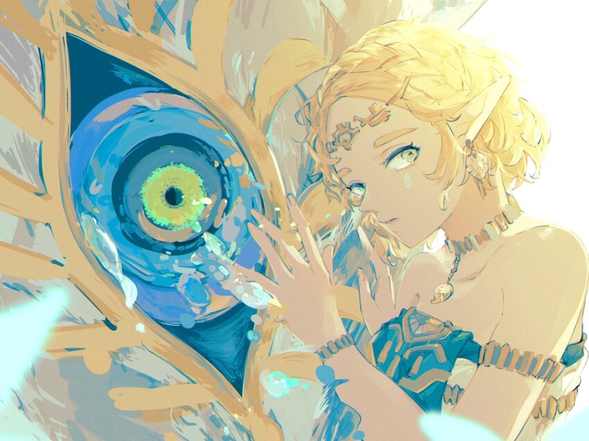 1girl armband bare_shoulders blonde_hair bracelet braid collarbone crown crown_braid dress green_eyes highres jewelry nintendo parted_bangs pendant_choker pointy_ears princess_zelda short_hair sidelocks solo strapless strapless_dress tears ten_1397xx the_legend_of_zelda the_legend_of_zelda:_tears_of_the_kingdom upper_body white_dress