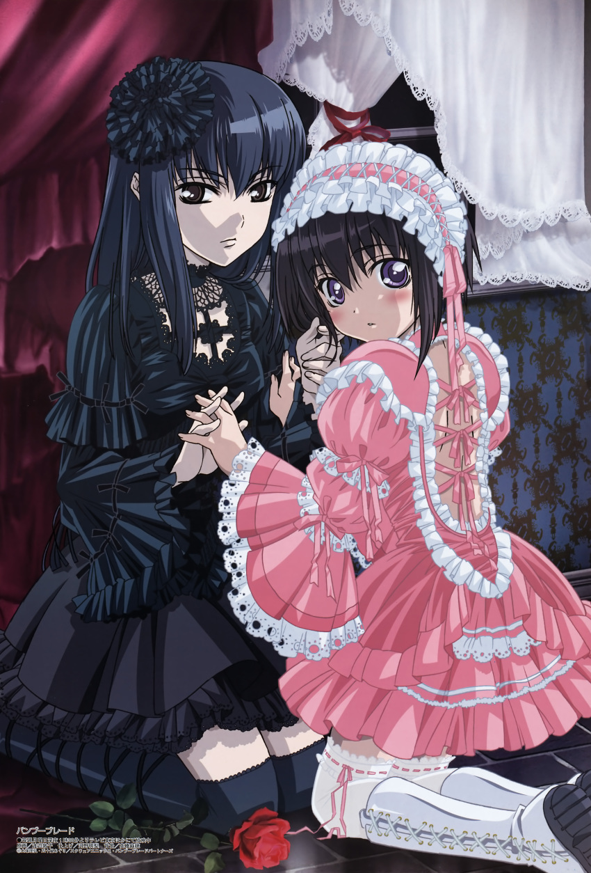 2girls absurdres ankle_lace-up bamboo_blade black_hair black_legwear blush boots cross-laced_footwear curtains dress frilled_legwear frills gothic_lolita hairband highres holding_hands interlocked_fingers kawazoe_tamaki knee_boots bridal_garter lolita_fashion lolita_hairband long_hair looking_back megami_magazine multiple_girls official_art parted_lips pinup_(style) ribbon short_hair suzuki_rin sweet_lolita thighhighs watanabe_atsuko white_legwear zettai_ryouiki