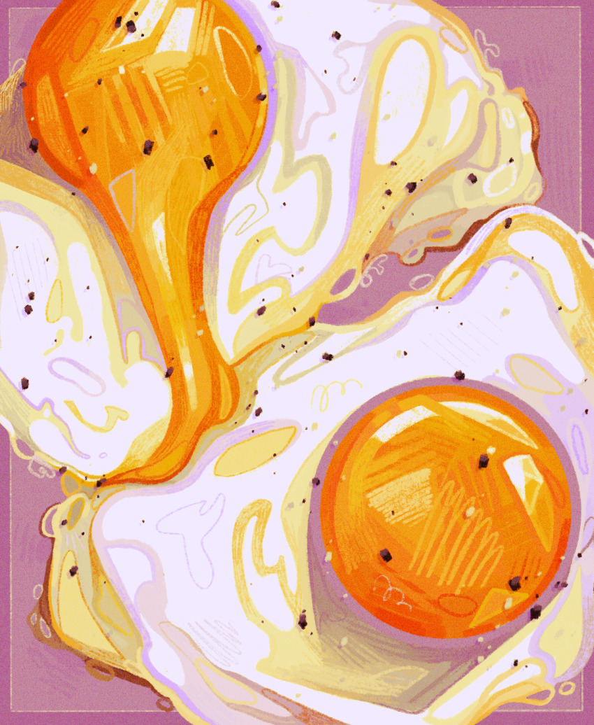 border breakfast close-up egg egg_(food) egg_yolk film_grain food food_focus fried_egg hatching_(texture) highres inset_border liquid no_humans original pepper_(spice) purple_background purple_border quezify simple_background still_life