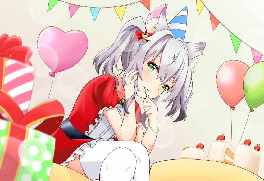 1girl animal_ear_fluff animal_ears balloon birthday bow box braid braided_hair_rings cake eating food fork gift gift_box green_eyes grey_hair hair_rings heart_balloon highres kamizuki_naki prism_project short_twintails tedomi_kiro thighhighs twintails virtual_youtuber wolf_ears wolf_girl